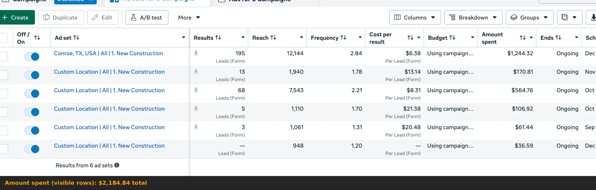 Facebook Ads Manager showing new construction lead ad sets